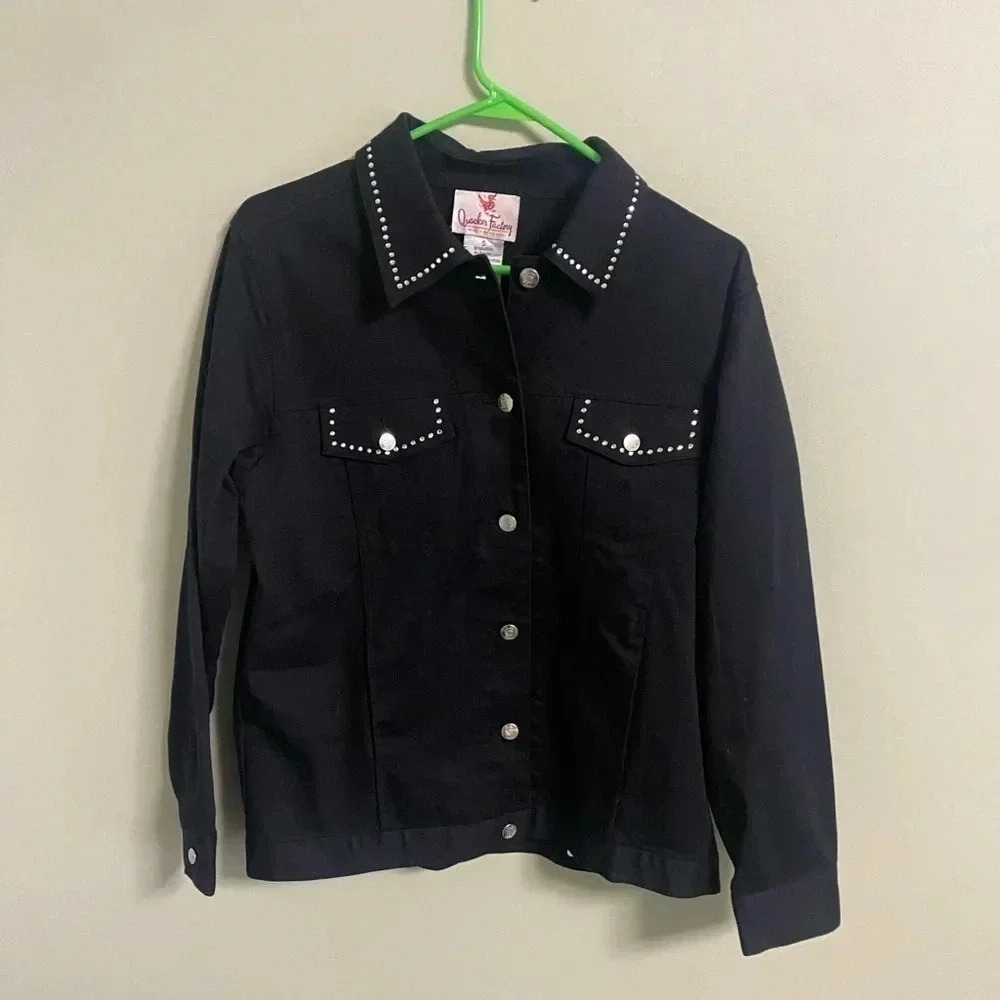 Quacker Factory Black Denim Jacket Size Small Rhinestones Angel Wings Star